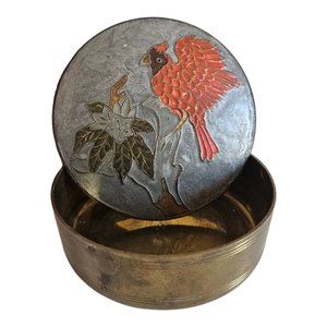 Horizon Enamel Bird and Gold Brass Round Trinket Box Made in India